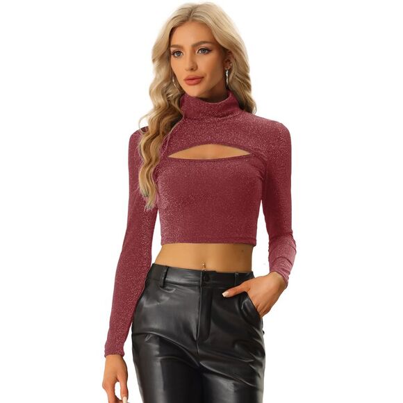 Shimmer Blouse Long Sleeve Slim Fit Mock Neck Cutout Crop Tops Dark Red - Picture 1 of 6